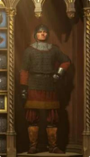 Хорунжий, в бою: комплект надет на персонажа в окне инвентаря Kingdom Come: Deliverance II
